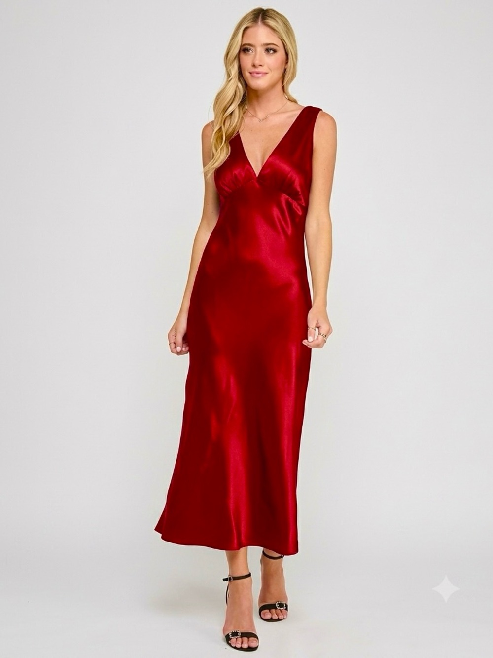 Emerald Sundae Red Satin V-Neck Slip Dress